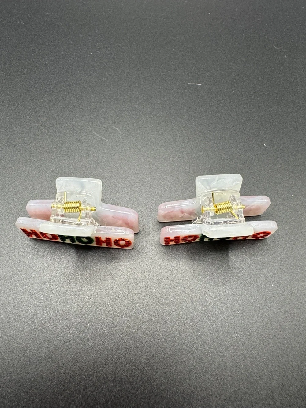 Holiday 'HO HO HO' Resin Hair Clips - Red & Green Rhinestones set of 2